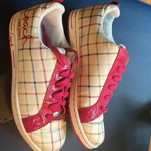 Coach plaid women’s sneaker size 8.5 with fuchsia ties.